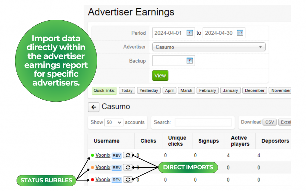 Import data directly within the advertiser earnings report for specific advertisers.